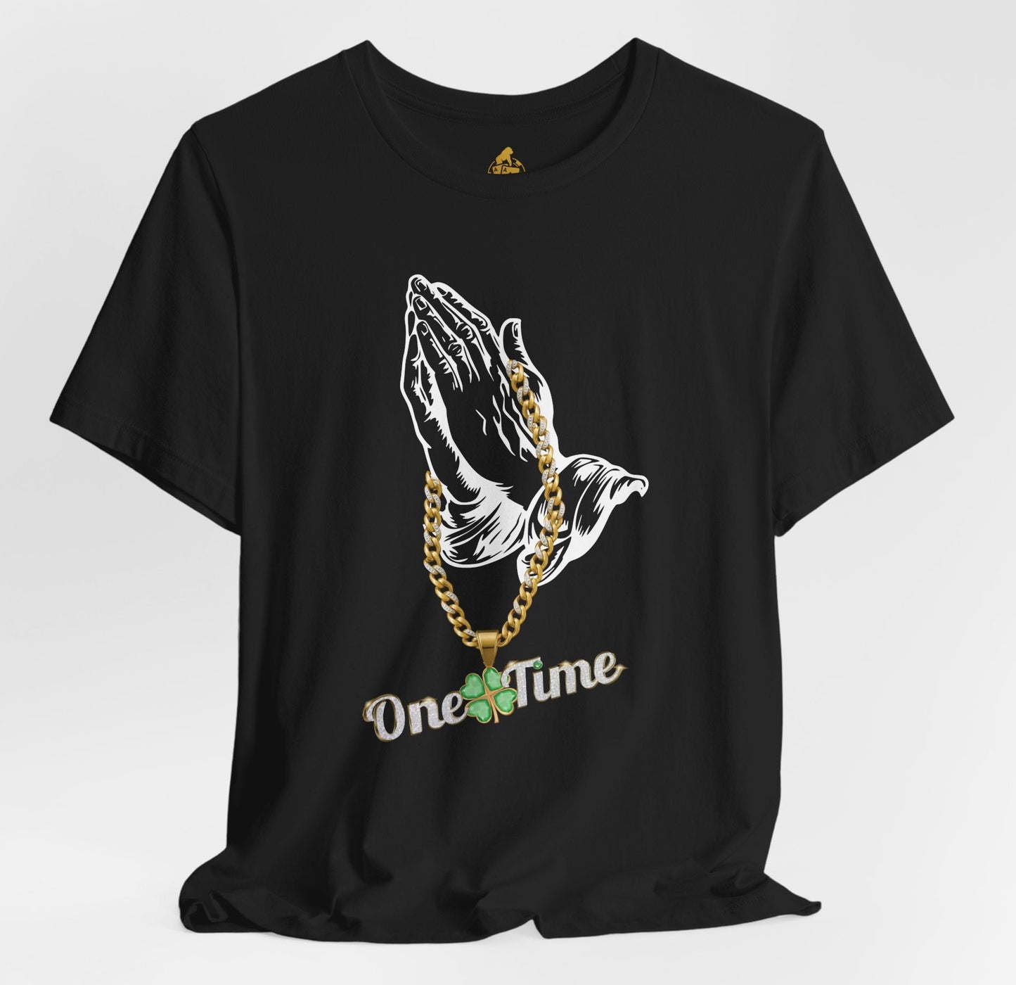 “One Time” Praying Hands Poker Tee – Lucky Clover Gold Chain Poker Shirt by Tilted Felt | Tilted Felt Apparel
