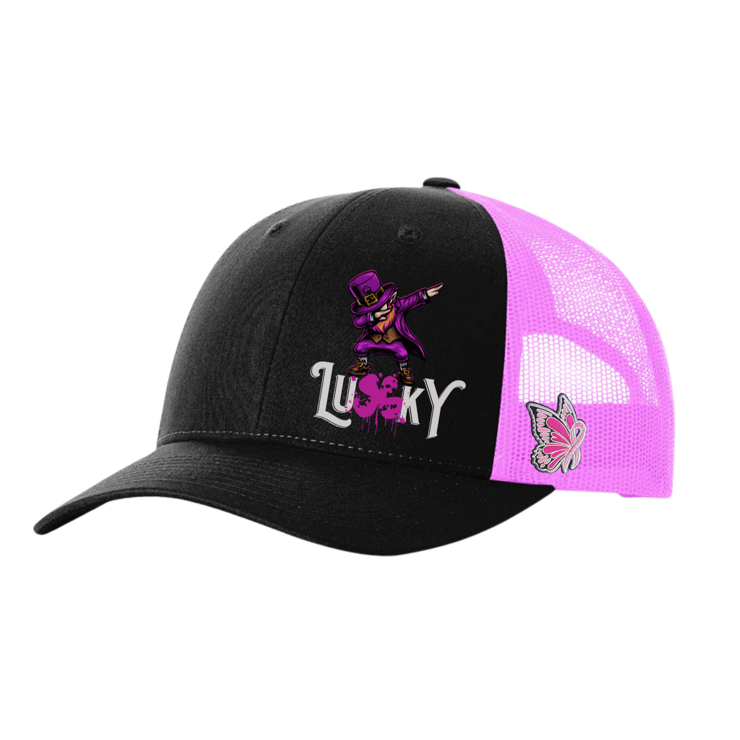 Lucky Dabbing Leprechaun Poker Hat_Temp – Breast Cancer Awareness Pink Mesh Trucker Cap by Tilted Felt