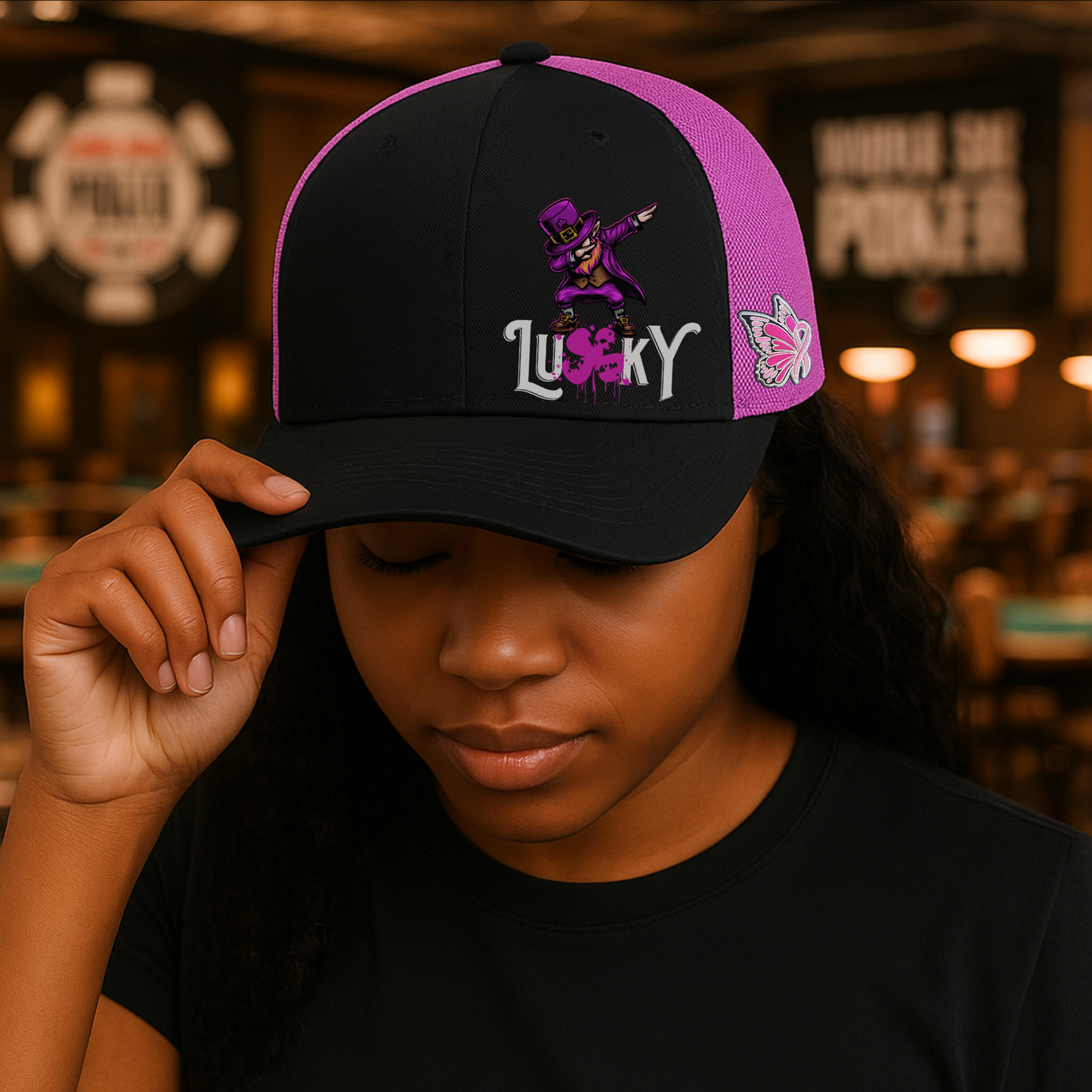 Lucky Dabbing Leprechaun Poker Hat_Temp – Breast Cancer Awareness Pink Mesh Trucker Cap by Tilted Felt