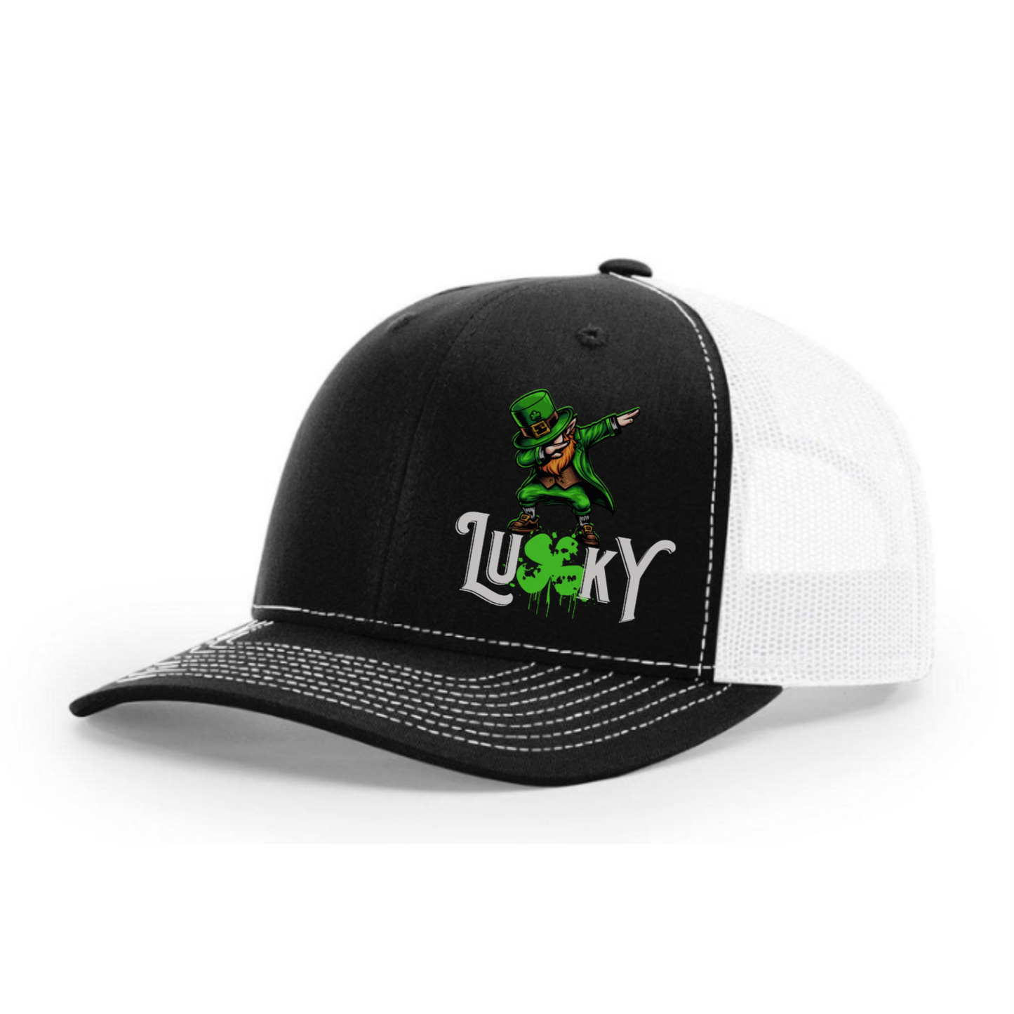 Lucky Dabbing Leprechaun Poker Hat_Temp – Black & White Trucker Cap by Tilted Felt