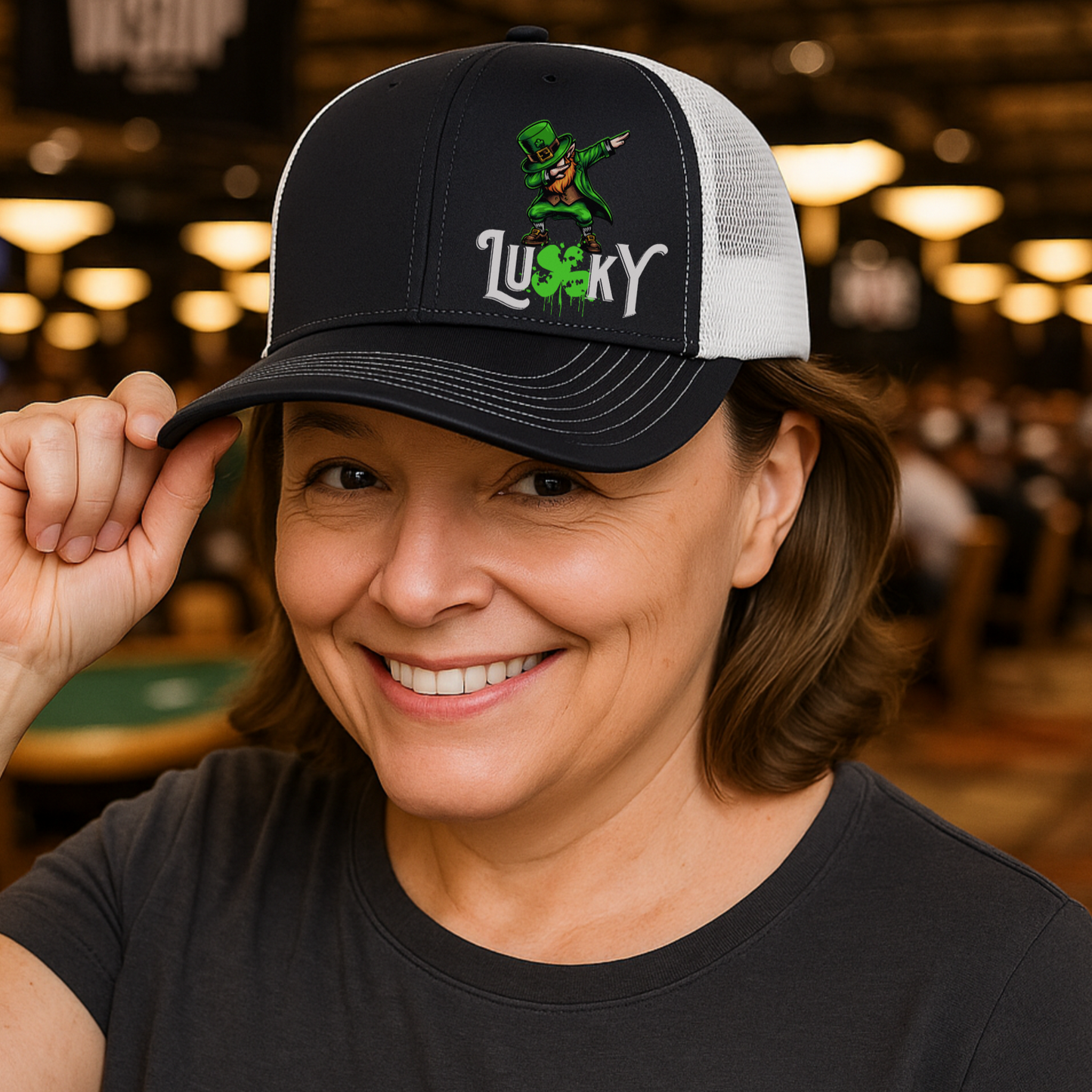 Lucky Dabbing Leprechaun Poker Hat_Temp – Black & White Trucker Cap by Tilted Felt