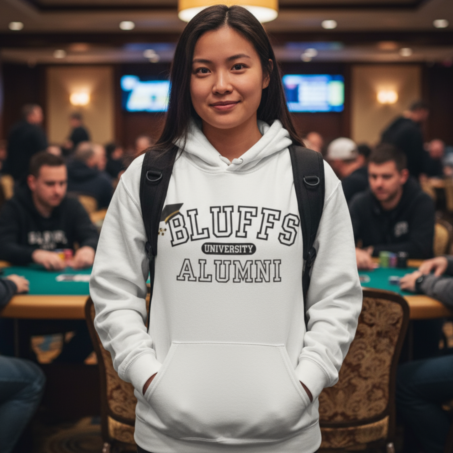 Bluffs University Alumni Poker Hoodie – Funny Poker Bluffer Sweatshirt by Tilted Felt | Tilted Felt Apparel